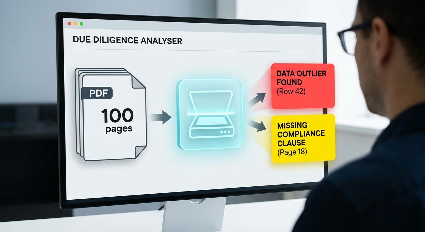 AI due diligence analyzer reviewing a 100-page PDF for data outliers and missing compliance clauses